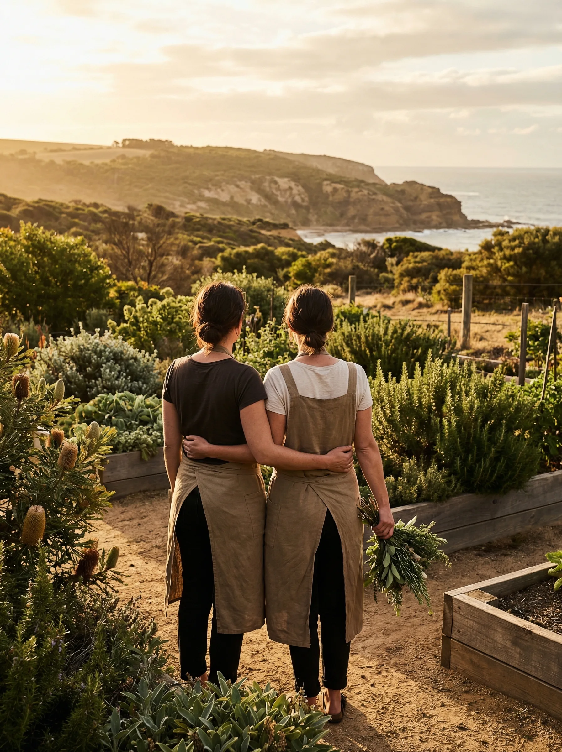 Two people in a coastal kitchen garden at sunset, Mornington Peninsula