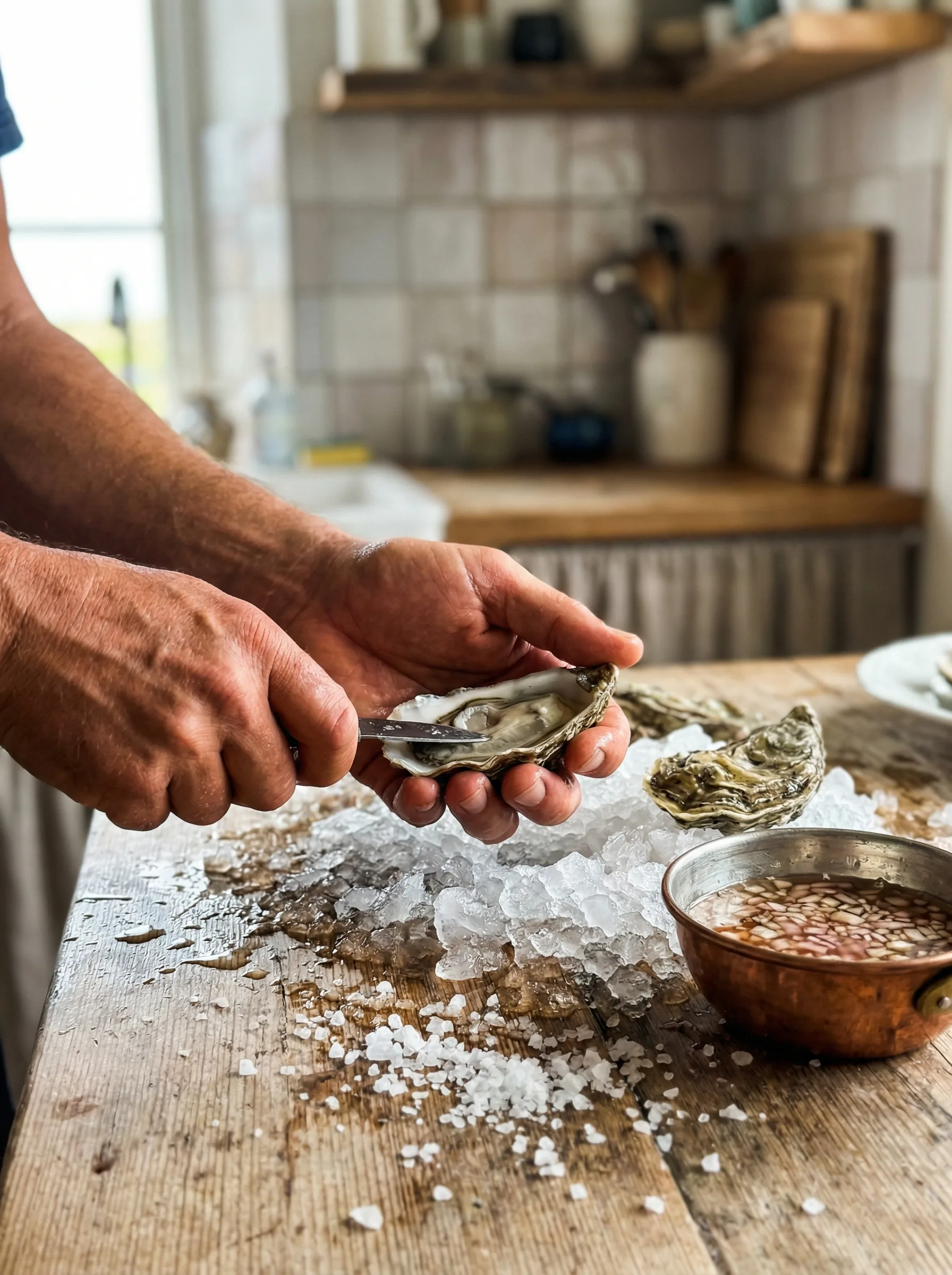 Fresh oysters being shucked on crushed ice