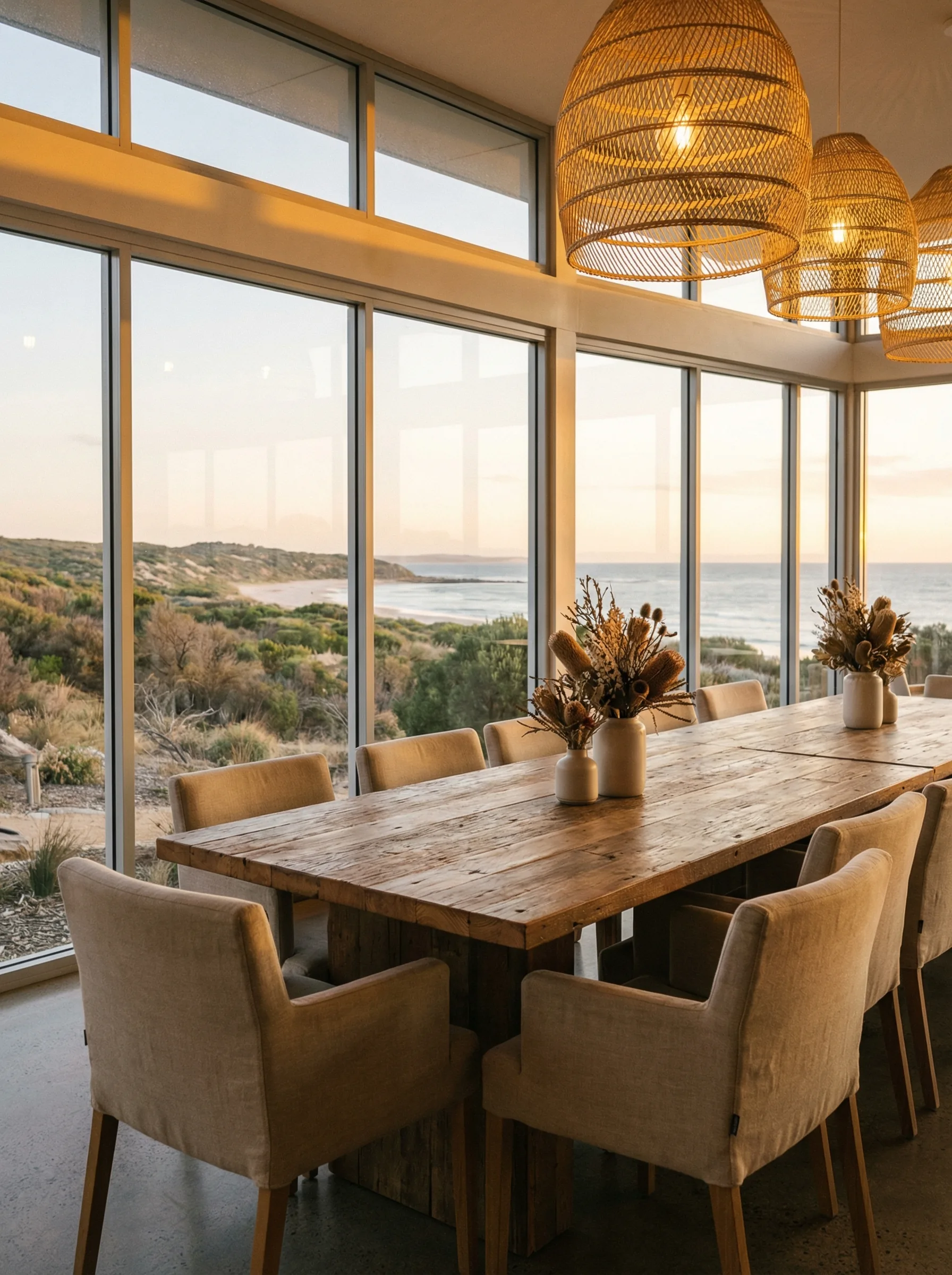 Restaurant interior at golden hour