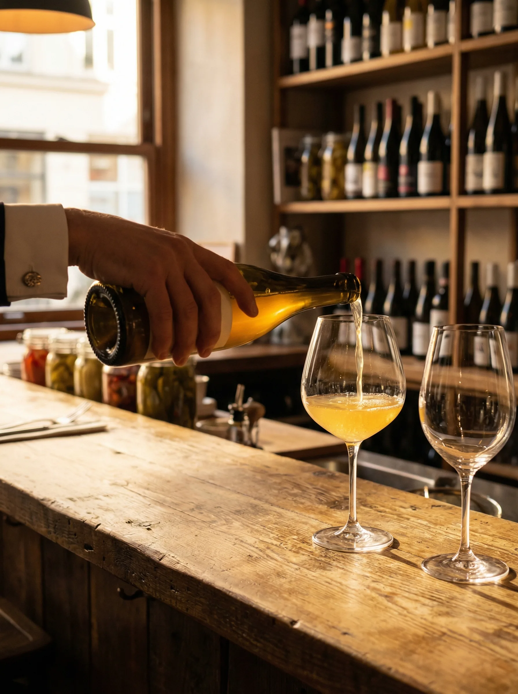 Natural wine being poured at the bar