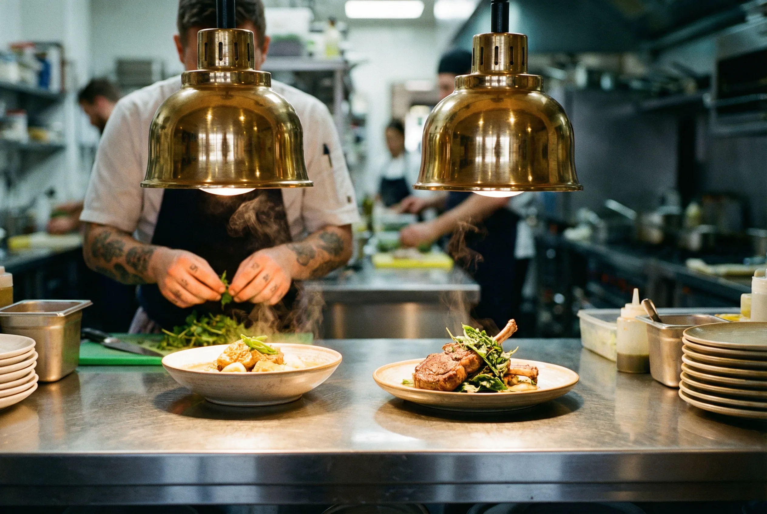 Kitchen pass with plated dishes